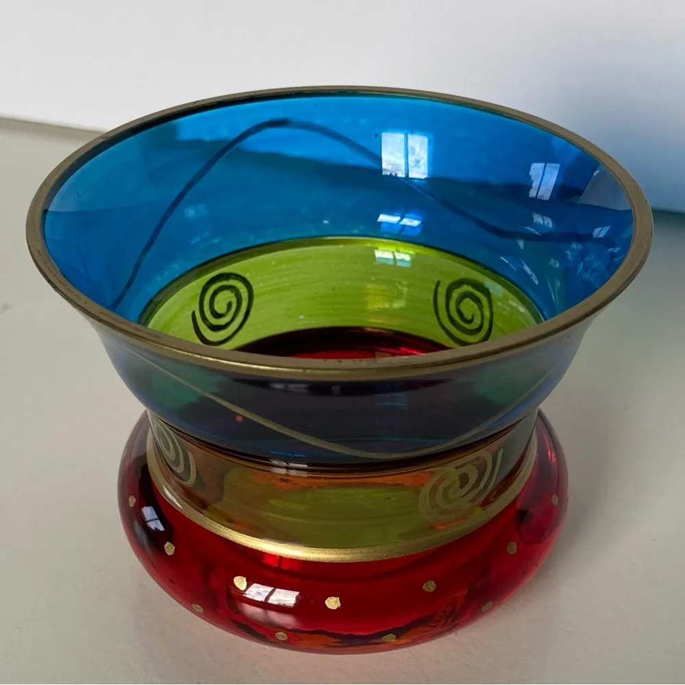 PIER 1 Candle Votive Holder Glass Vintage Red Blue Green Gold Trim Cup Vase Boho